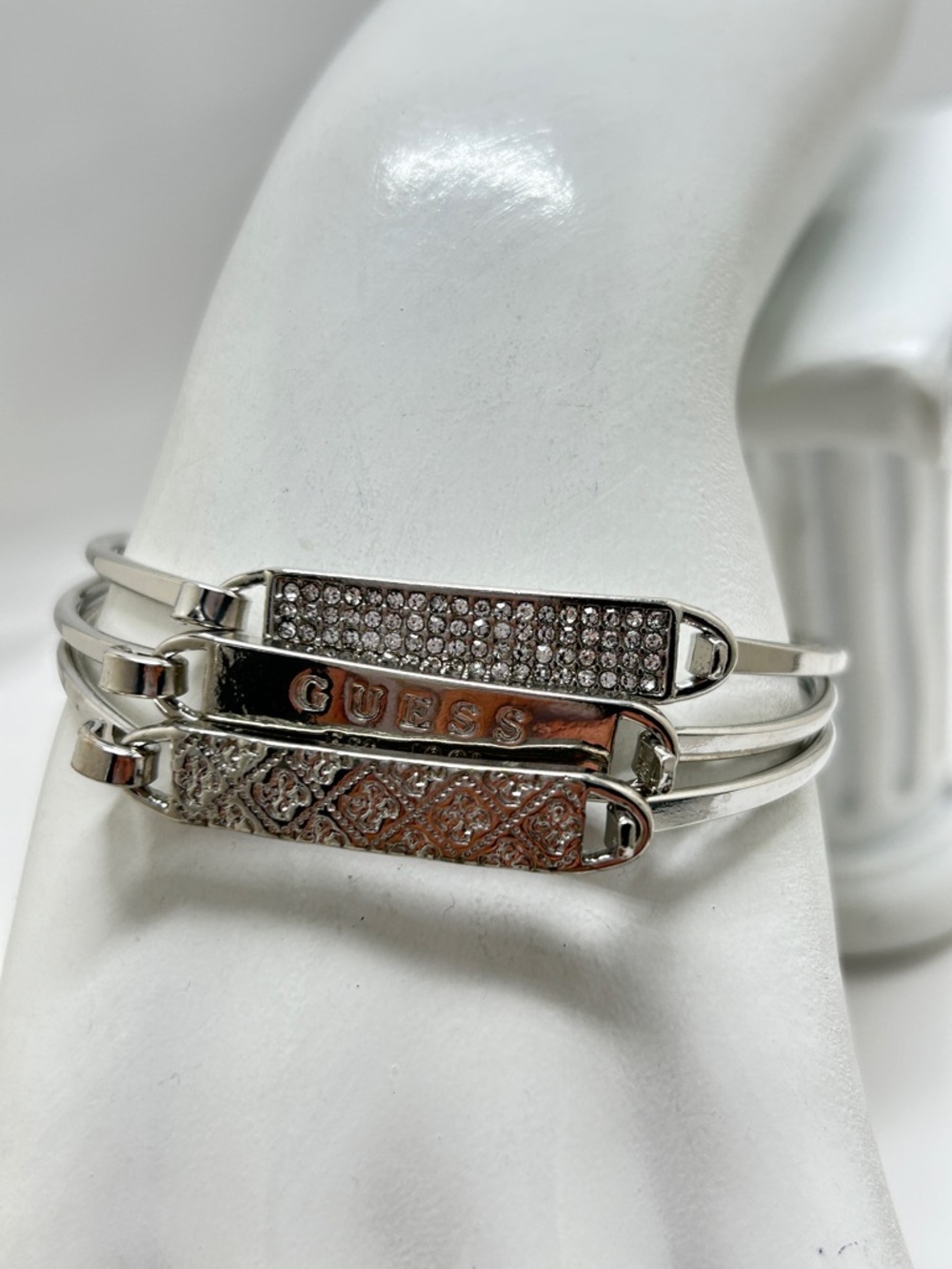 Guess, Set Of 3 Silver Bracelets, Clear Crystals, NWT